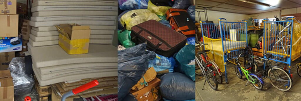 Fotomontage: Lager der Ukraine-Hilfe in Lobetal/Bernau - Matratzen, Taschen, Fahrräder