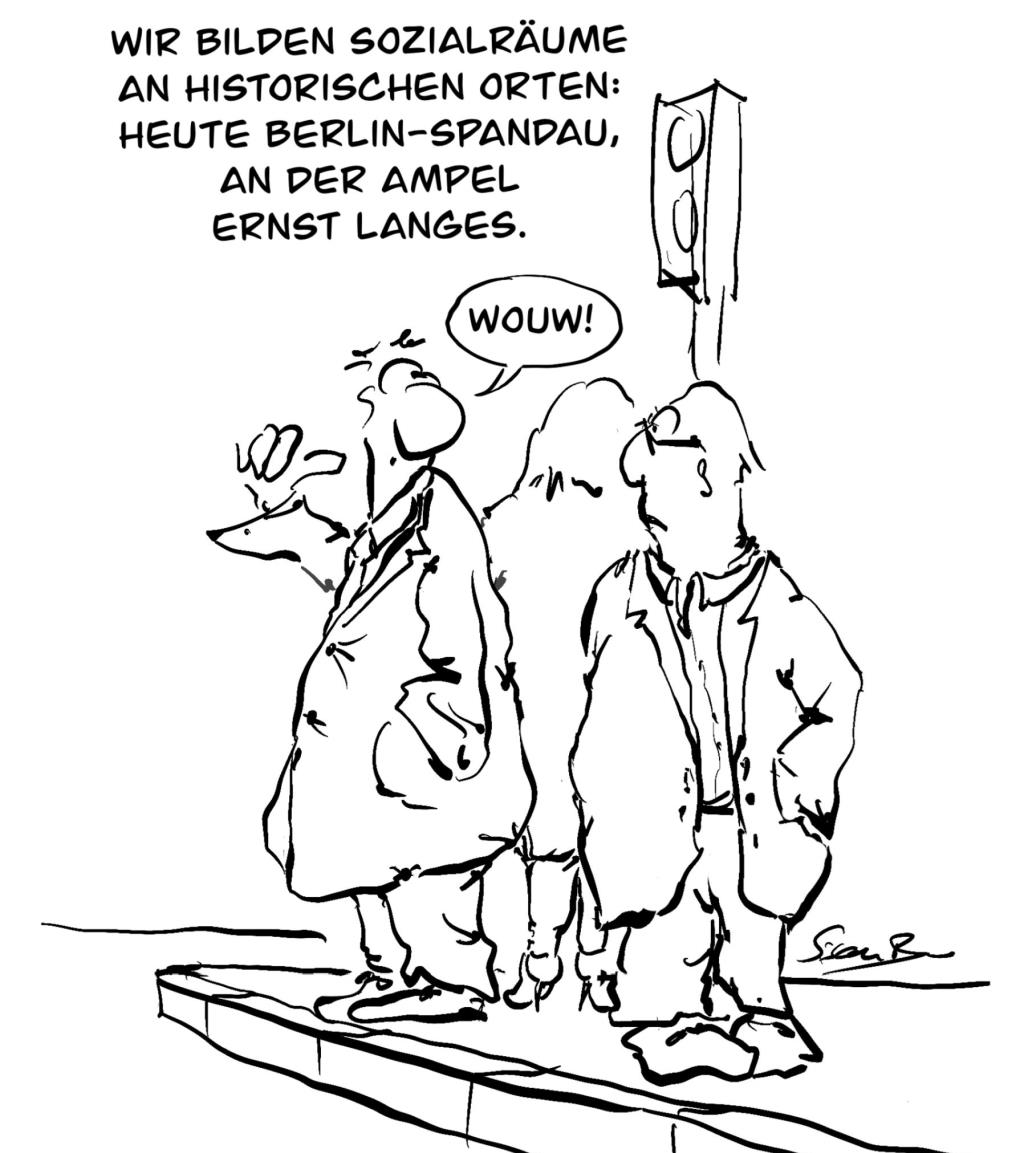 Zeichnung (Sisam Ben): "Wir bilden Sozialräume an historischen Orten - heute Berlin-Spandau, an der Ampel Ernst Langes."