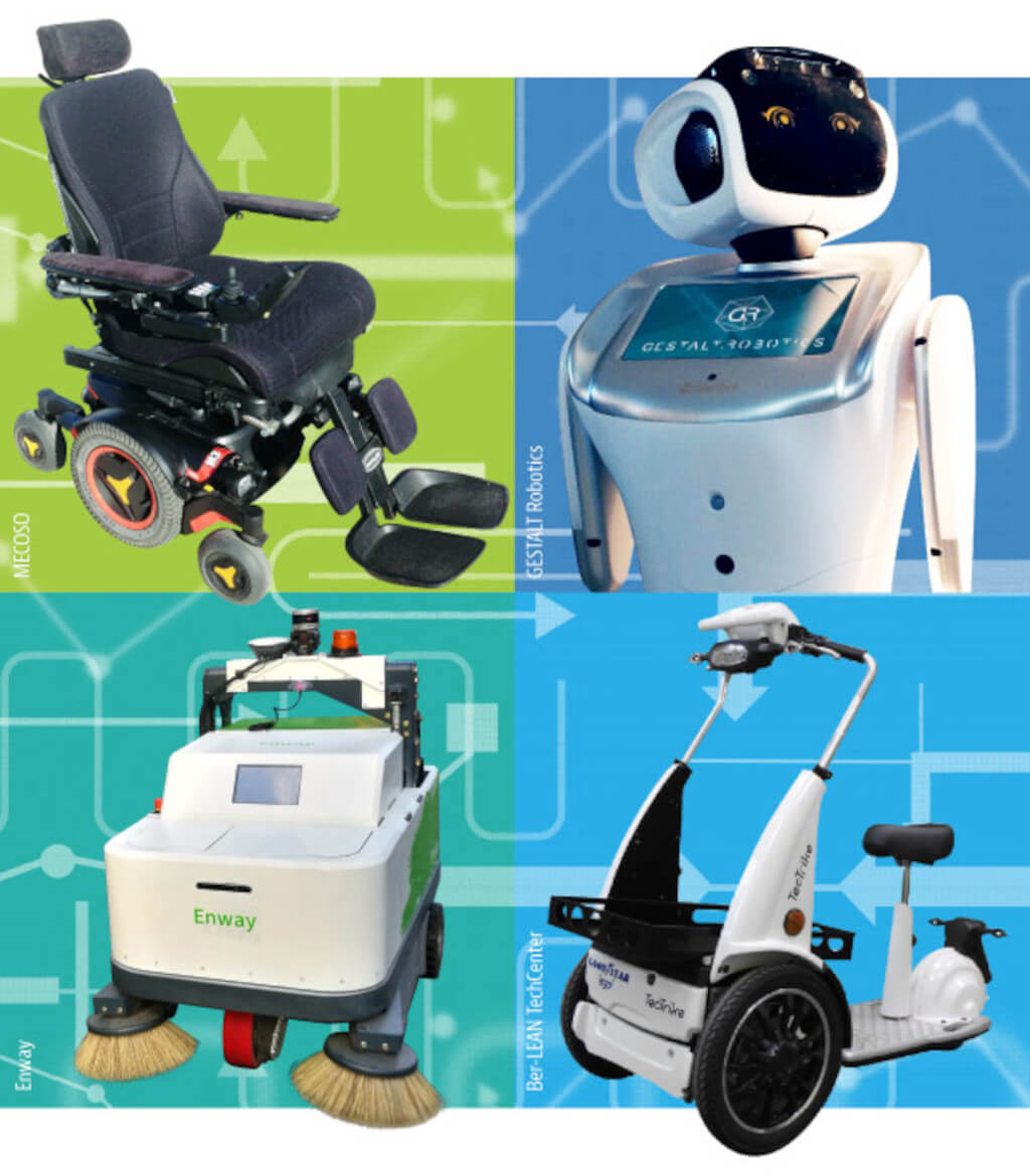 Fotomontage: Mobile Dienste - Rollstuhl, Roboter, Kehrmaschine, Lastenfahrzeug